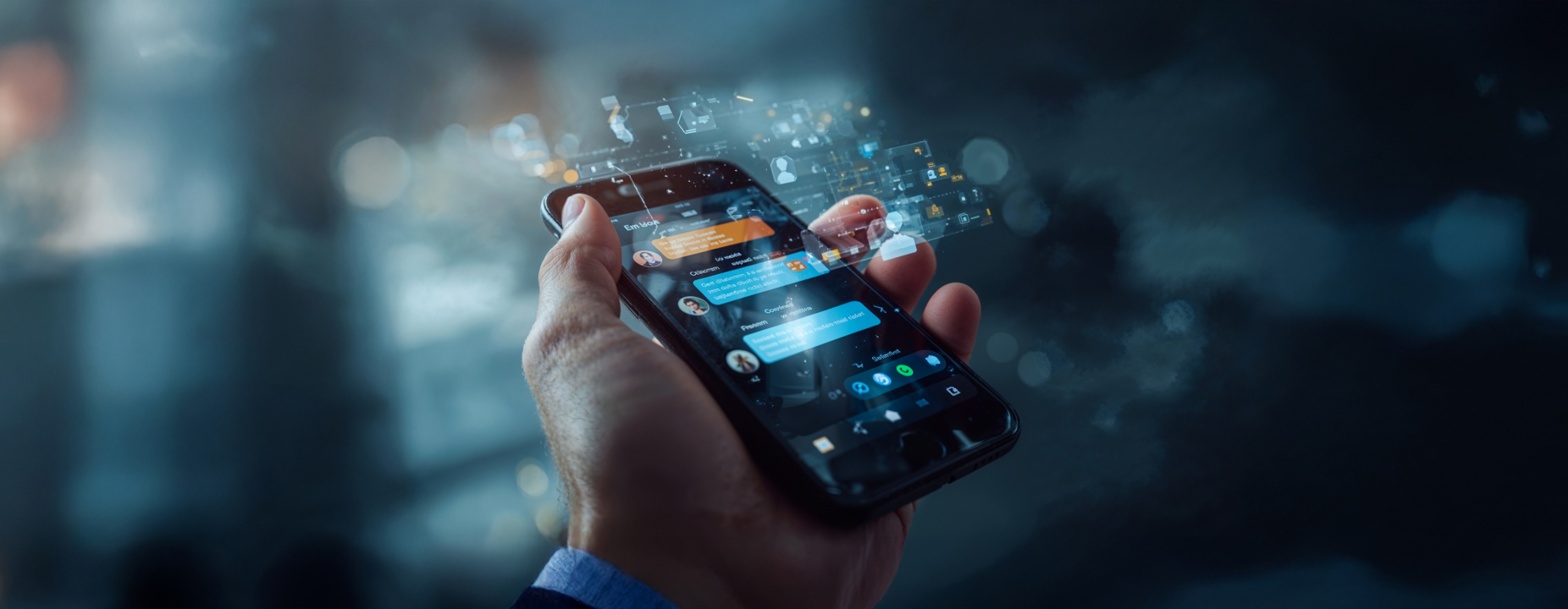 Pessoa segurando um smartphone com tela de mensagens abertas, representando atendimento digital e comunicação via aplicativos.