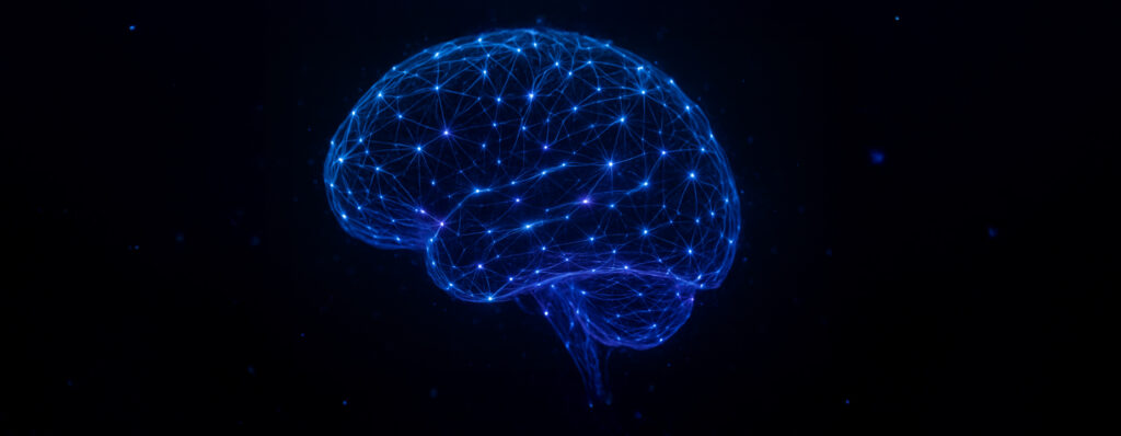 Ilustração digital de um cérebro humano em azul, formado por conexões luminosas que representam redes neurais.