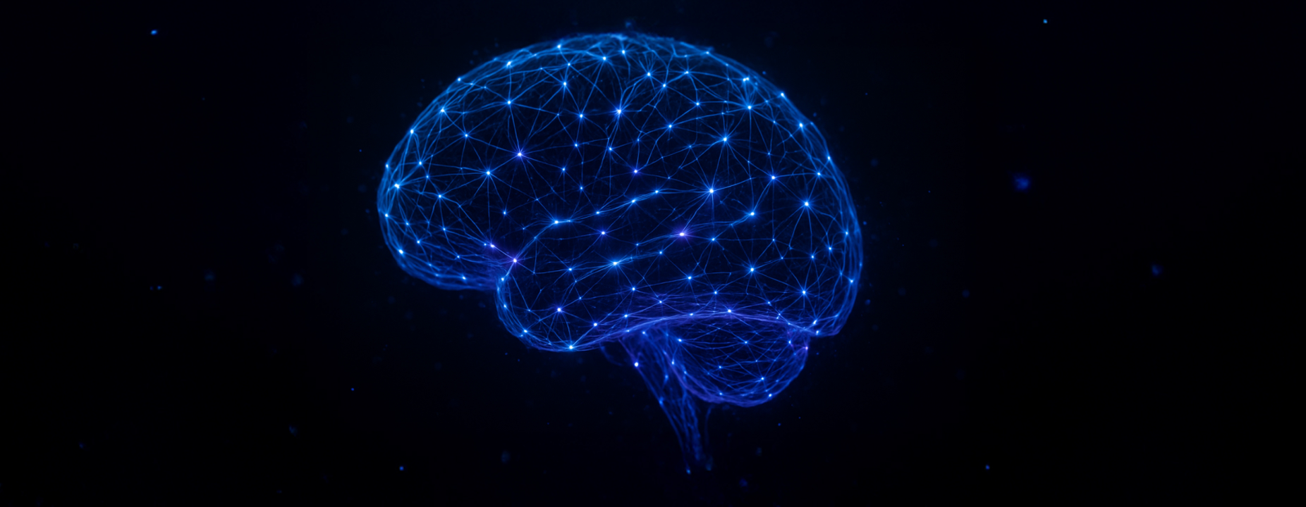 Ilustração digital de um cérebro humano em azul, formado por conexões luminosas que representam redes neurais.