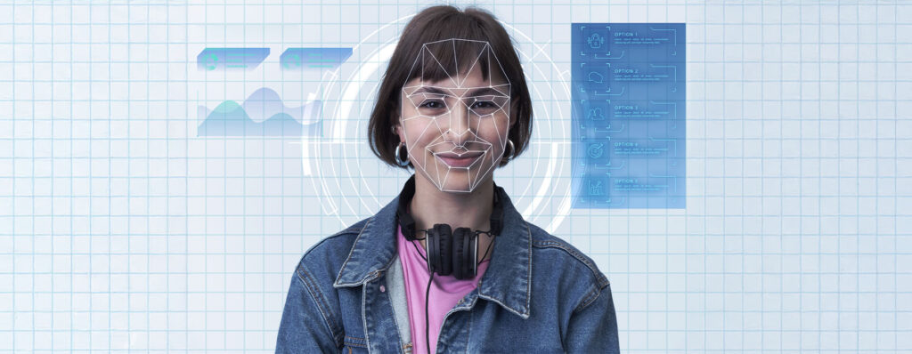 Mulher jovem com design de reconhecimento facial sobreposto, simbolizando o uso de inteligência artificial. Fundo com gráficos e opções digitais representando tecnologia e personalização.