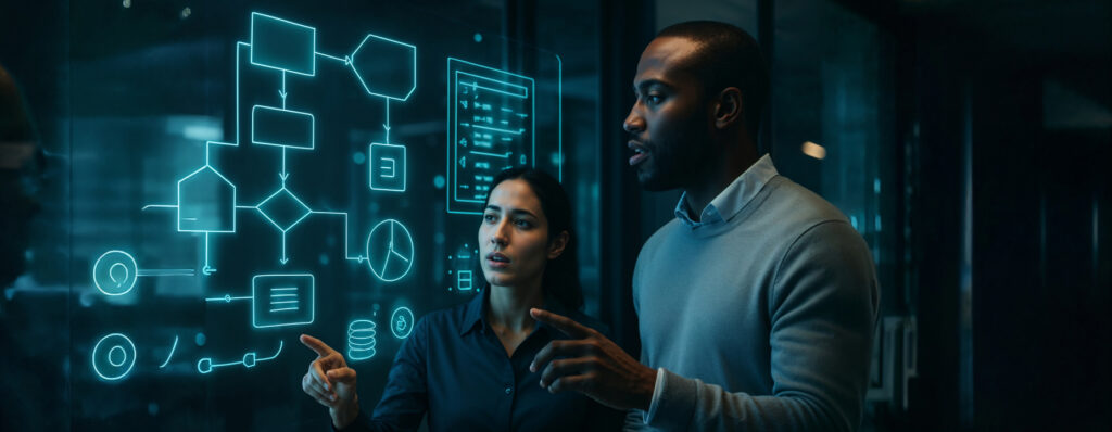 Duas pessoas analisam um painel digital com gráficos e fluxogramas, em ambiente corporativo e tecnológico