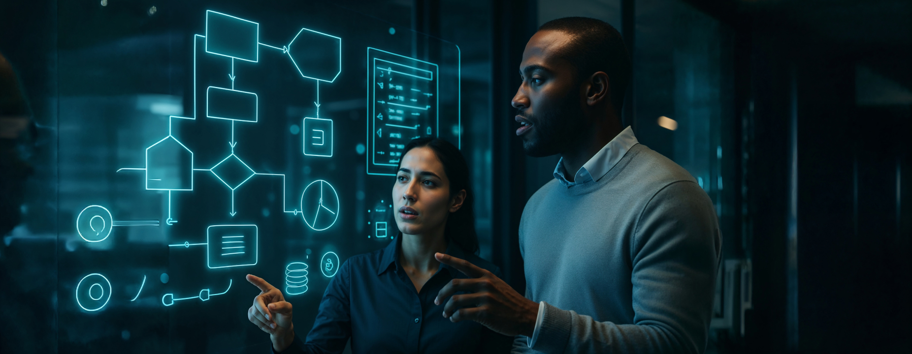 Duas pessoas analisam um painel digital com gráficos e fluxogramas, em ambiente corporativo e tecnológico