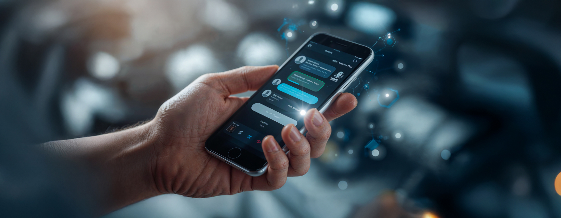 Pessoa segurando smartphone com tela exibindo mensagens em um chatbot de atendimento digital no WhatsApp.